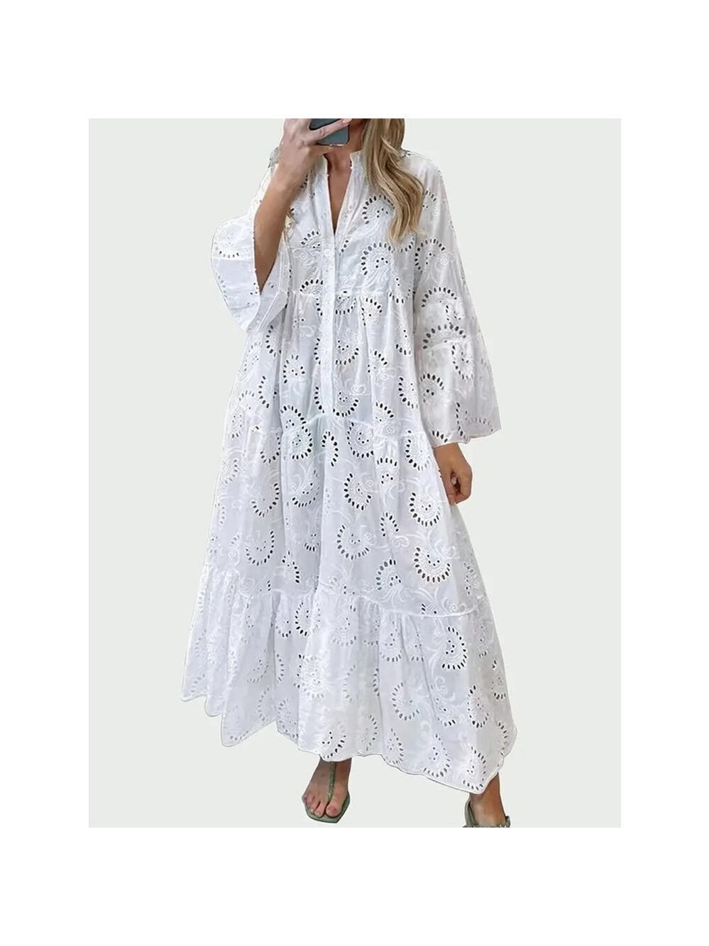Osadía White Eyelet Maxi Dress 4XL US 20 Long Sleeve Boho Beach Caftan New